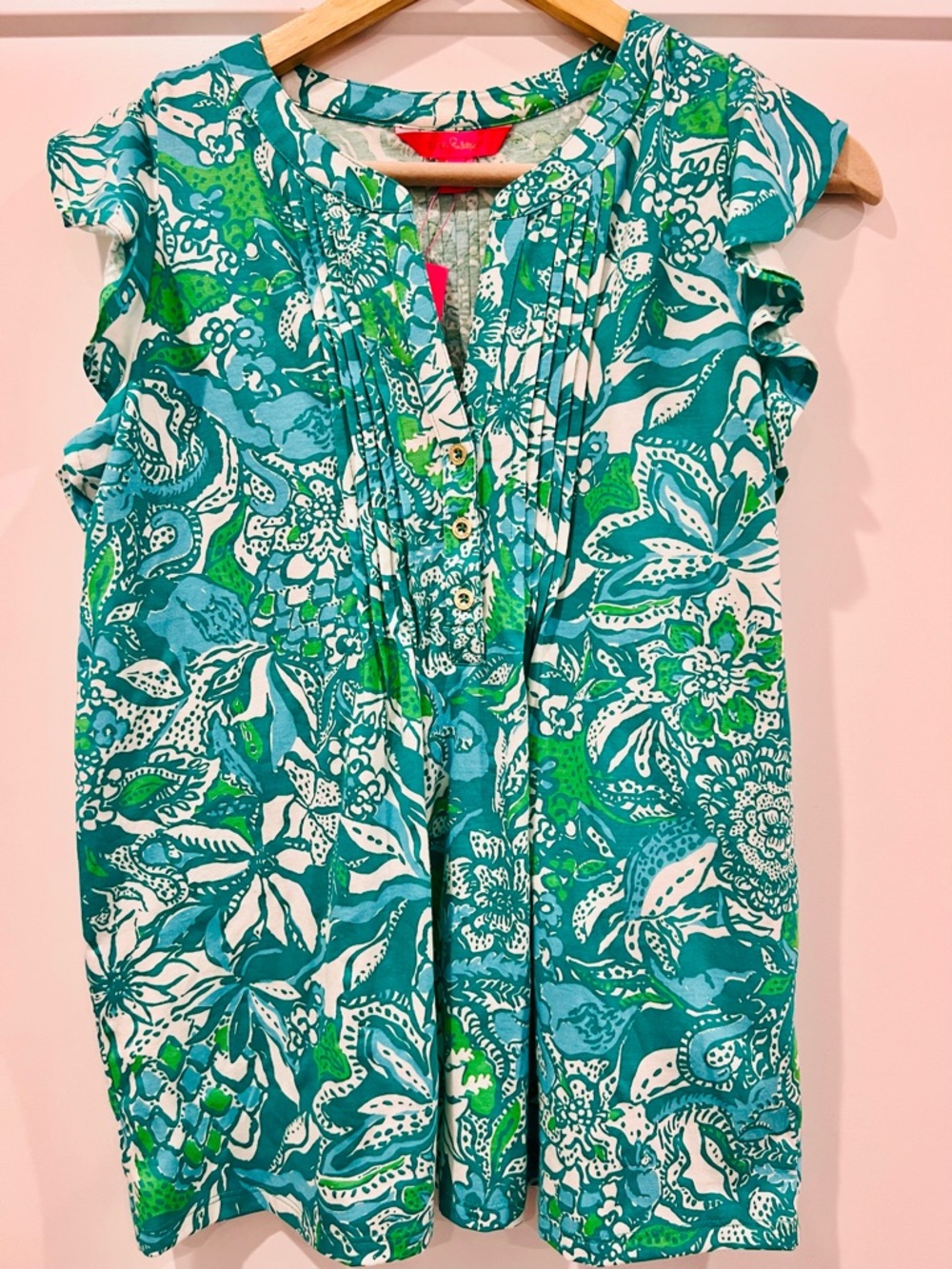 Lilly Pulitzer Teal Tropical Print Pleated Blouse Ruffle Sleeve lightweight Chic - Picture 4 of 8
